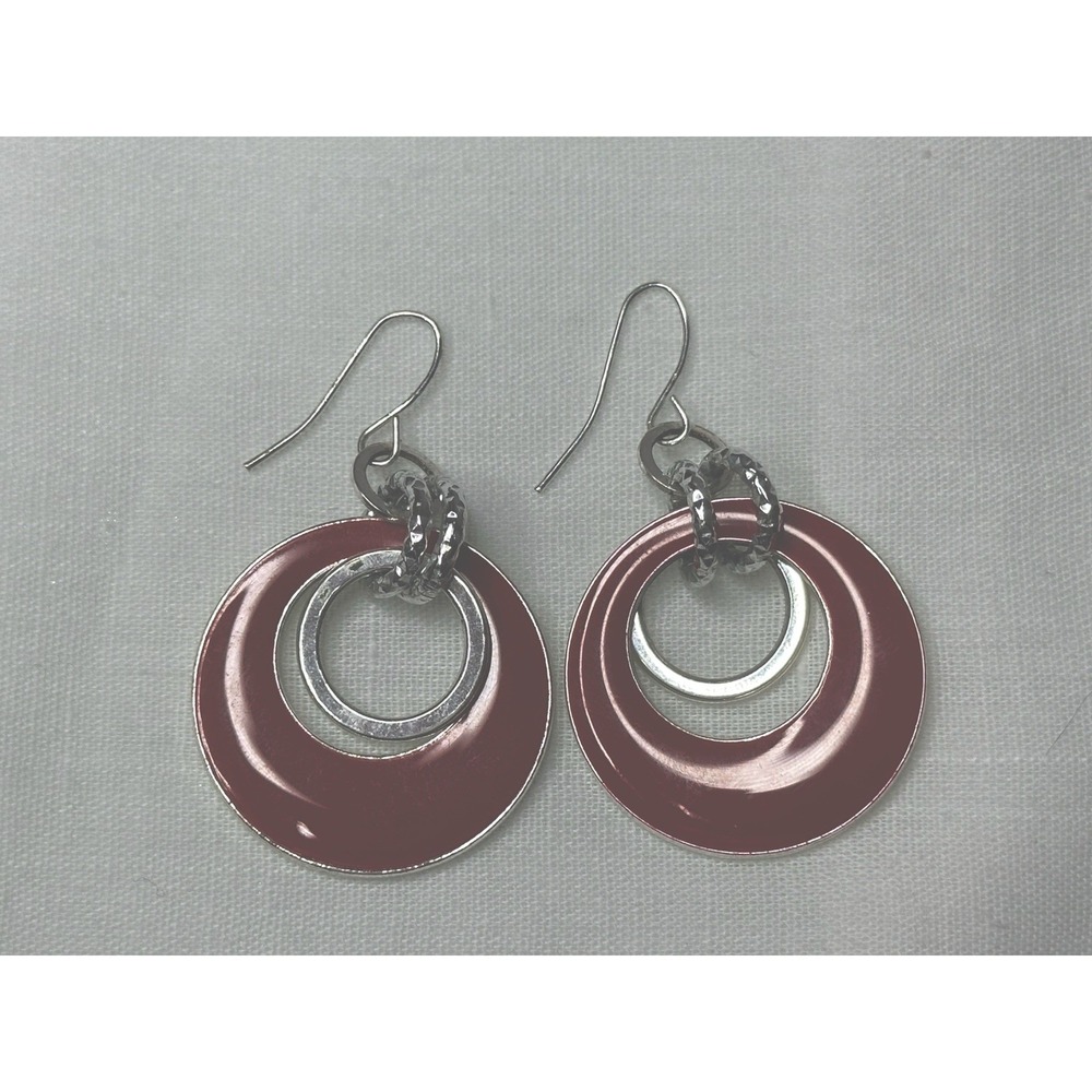 Vintage Red Dangle Enamel Round Earrings Hook Back Hammered Silver Tone‎